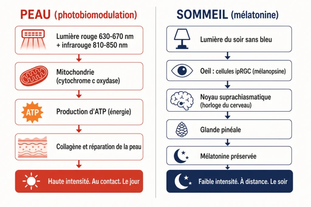 Schéma des deux voies biologiques de la lumière rouge, photobiomodulation de la peau et mélatonine du sommeil