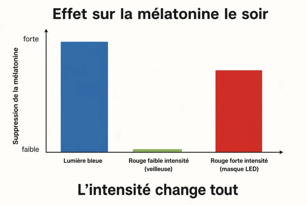 Effet de l'intensité de la lumière rouge sur la mélatonine le soir, faible dose préservée et forte dose suppressive