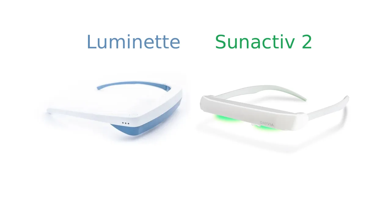 Luminette 3 ou Dayvia Sunactiv 2 : poids, lumière, port sur lunettes de vue, prix et garantie. Notre verdict, code LALUMINO15 (-15 %).